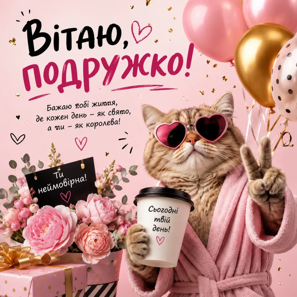 прикольна картинка з котом та привітаннями подрузі на день народження