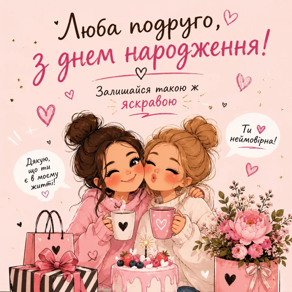прикольна листівка з подружками та привітаннями з днем народження