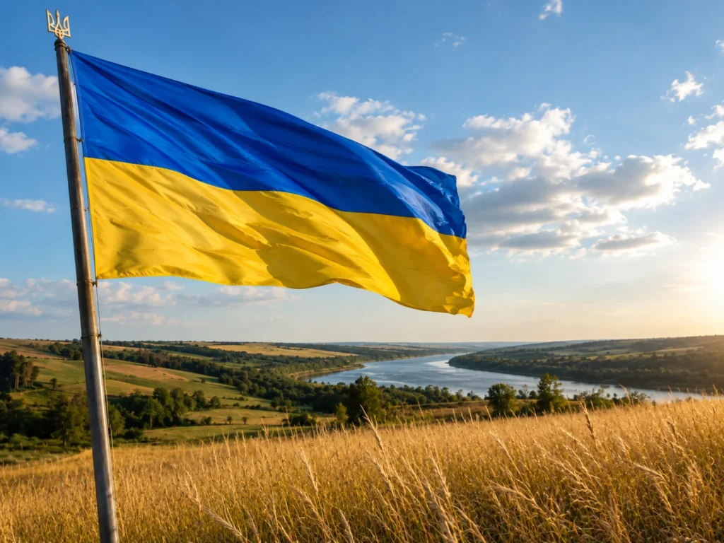 український прапор у полі біля річки та пагорбів