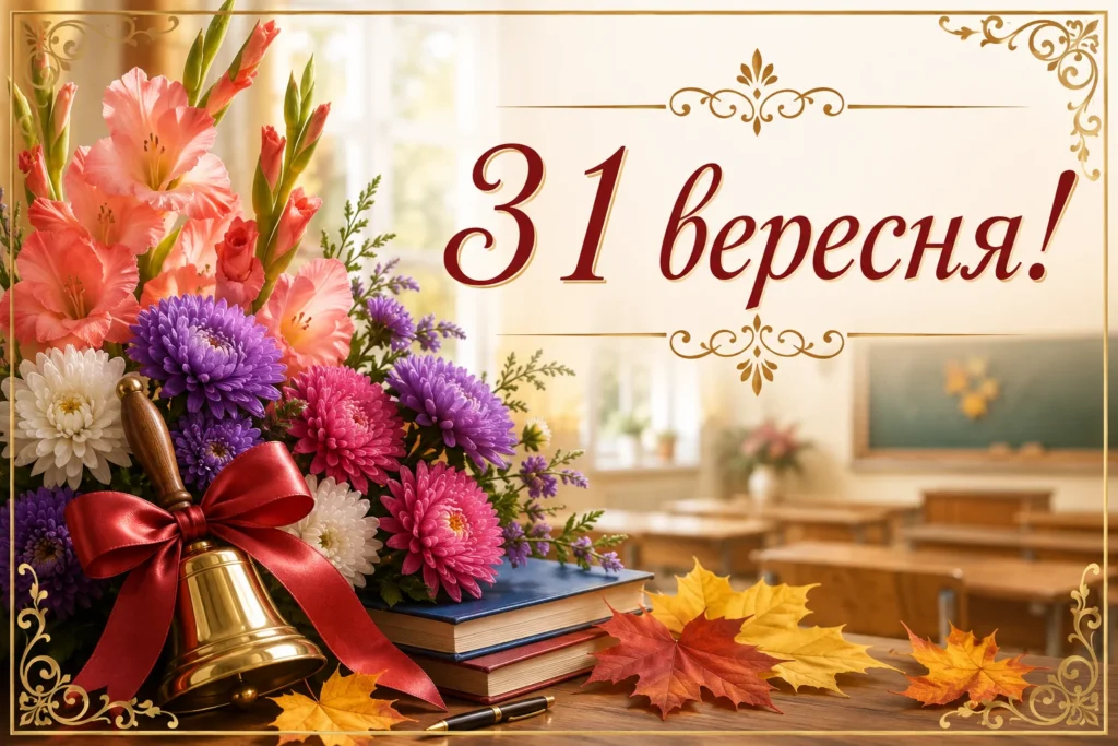 класична картинка для вчителів на 1 вересня з айстрами, дзвоником, партами та книгами