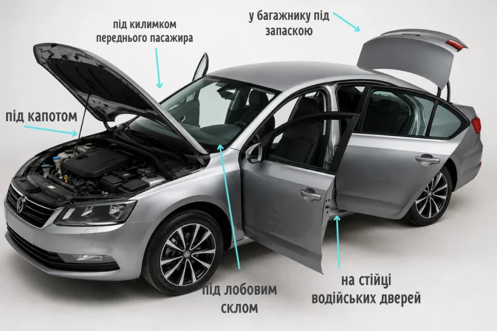 Автомобіль із відкритими капотом, дверима та багажником
