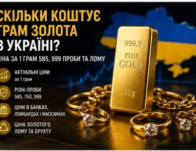 Золота зливка 999,9 проби, золоті каблучки та ланцюжок на тлі карти України з написом