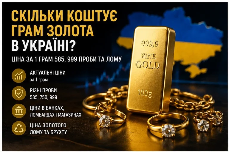 Золота зливка 999,9 проби, золоті каблучки та ланцюжок на тлі карти України з написом