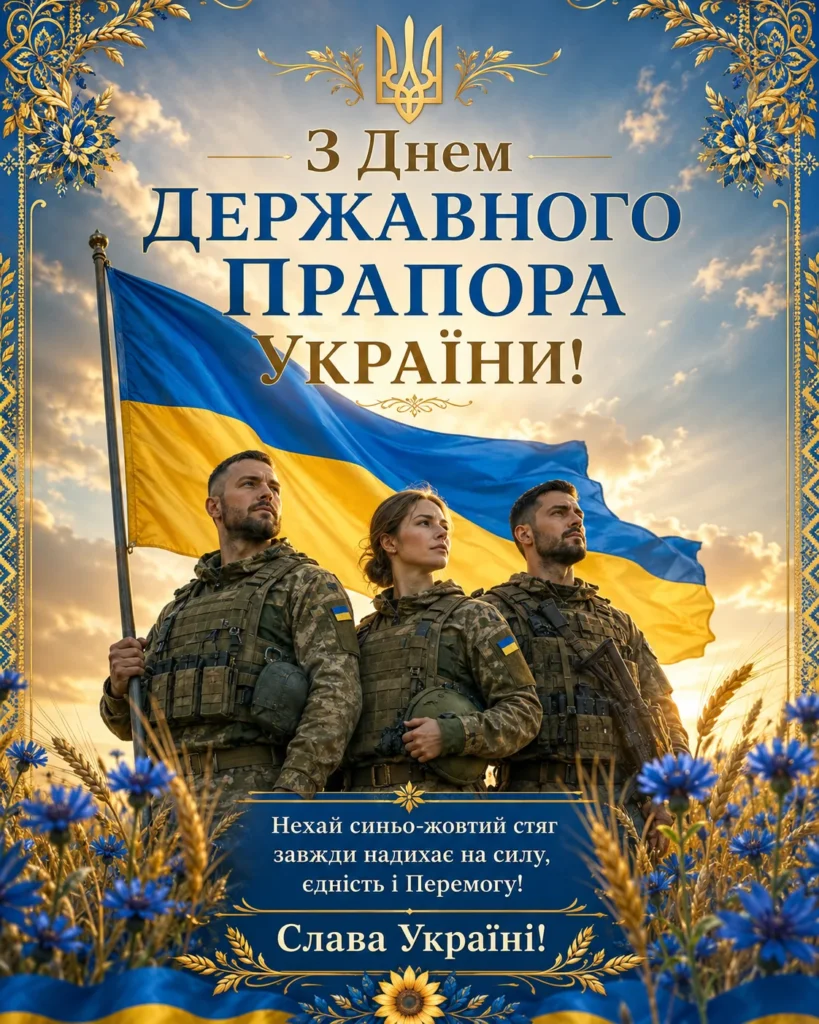 Листівка з Днем Прапора України із синьо-жовтим стягом