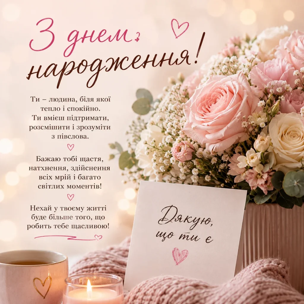 листівка з трояндами та привітанням подрузі на день народження