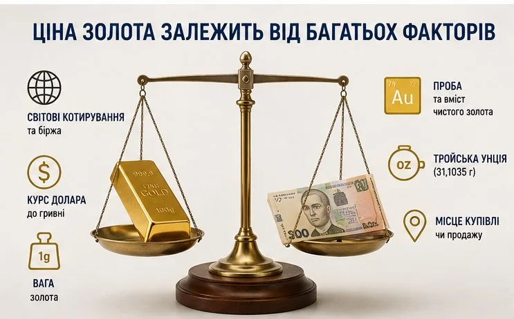 Терези із золотою зливкою та українськими гривнями з інфографікою про фактори, від яких залежить ціна золота