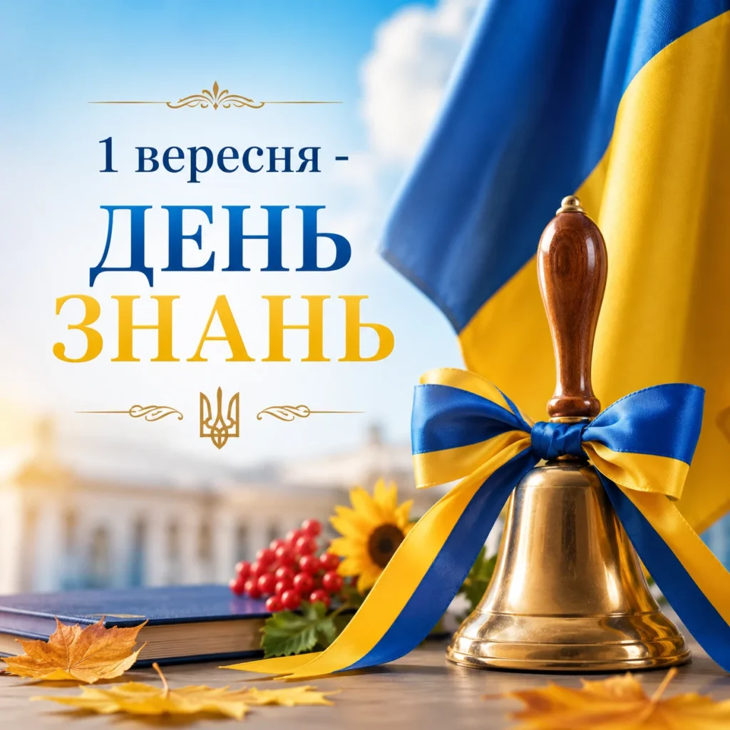 офіційна листівка з прапором, двінком та написом 1 вересня - День знань