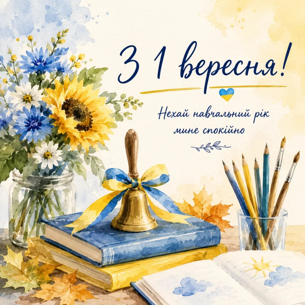 акварельна листівка з квітами, книгами, зошитом, дзвоником та напис “З 1 вересня! Нехай навчальний рік мине спокійно"