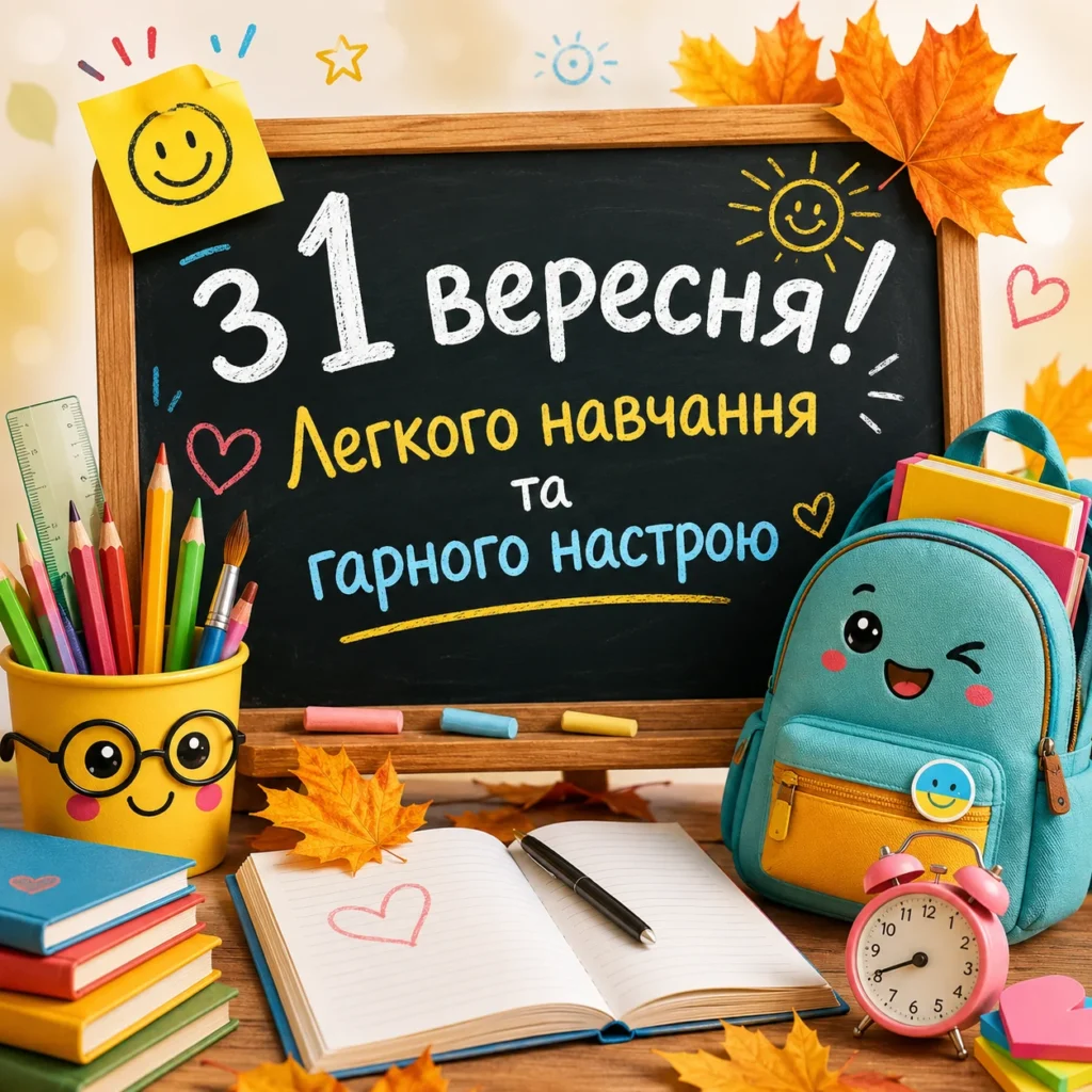 весела дитяча картинка з привітанням на 1 вересня та побажанням легкого навчання