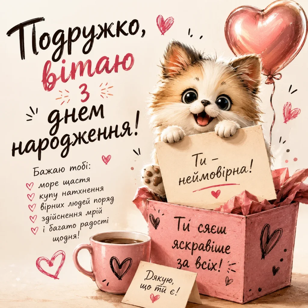картинка з собачкою та написом Подружко, вітаю з днем народження!