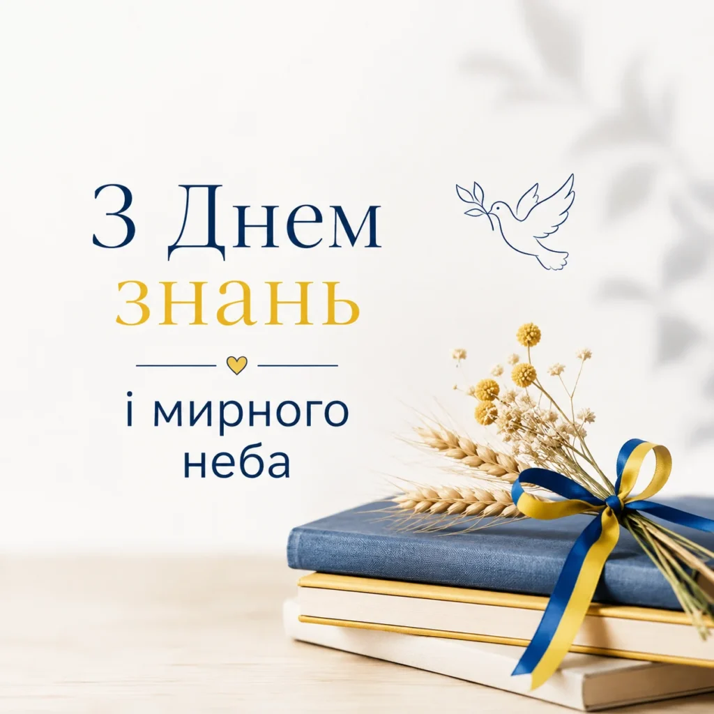 красива листівка з книгами, прапором, колосками та напис "З Днем знань і мирного неба"