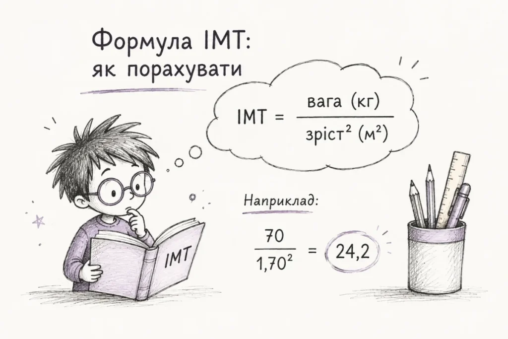 Хлопчик із книжкою розглядає формулу розрахунку ІМТ