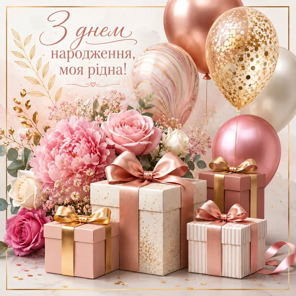 листівка з кульками, квітами та подарунками на день народження подрузі