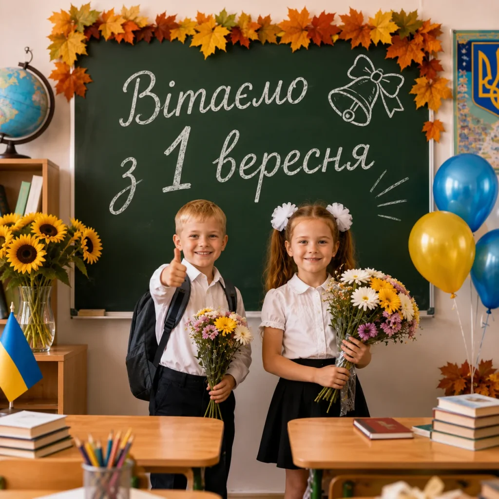 діти з квітами в класі біля дошки з написом “Вітаємо з Днем знань”