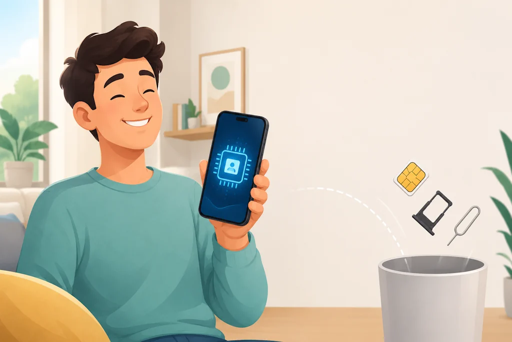 Чоловік тримає смартфон з eSIM - мультяшна ілюстрація переходу на eSIM 