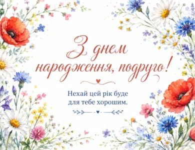 Листівка з польовими квітами на білому фоні, акварель
