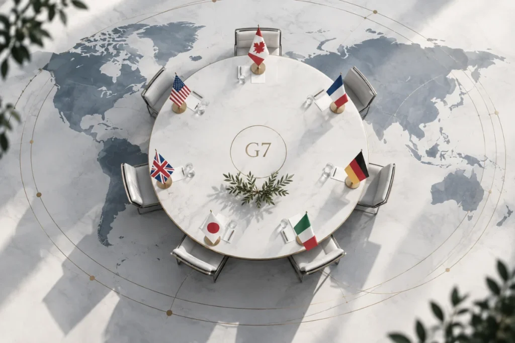 Круглий стіл G7 із прапорами країн-учасниць