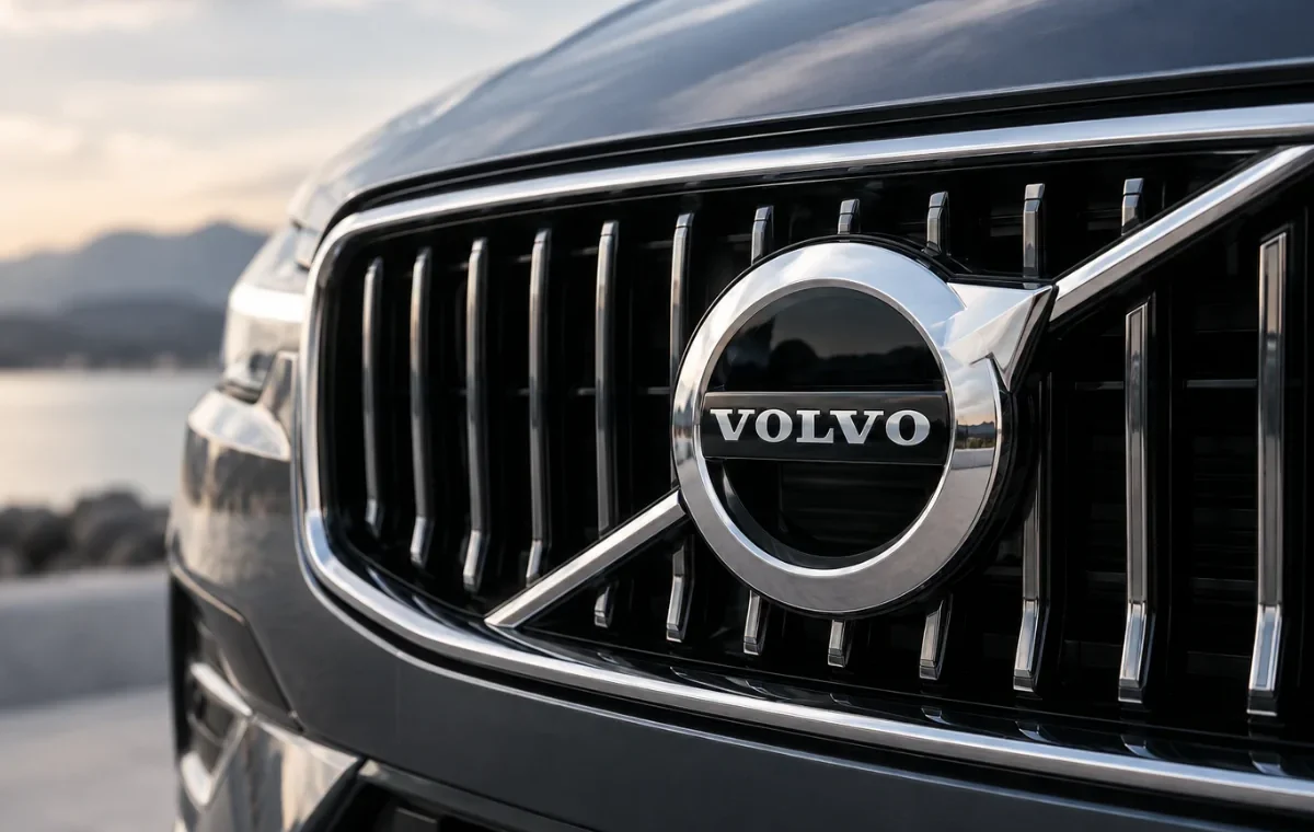 Логотип Volvo крупним планом на решітці автомобіля.